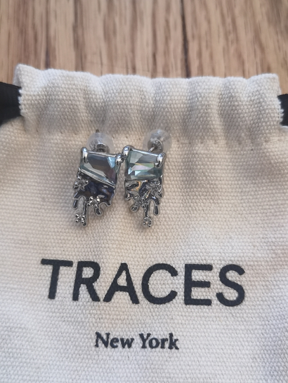 Traces New York Silver Iridescent Crystal Drop Stud Earrings - Pale Blue/Silver